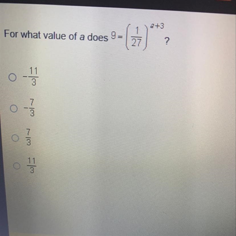 For what value of a does g=(1/27)^a+3?-example-1