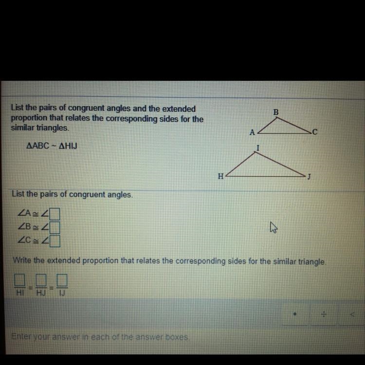 40 points!!! List the pairs of congruent angles and the extended proportion that relates-example-1