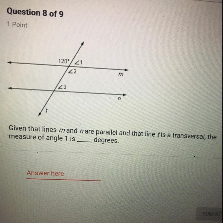 Given that lines m and n are parallel and that line t is a transversal, the measure-example-1