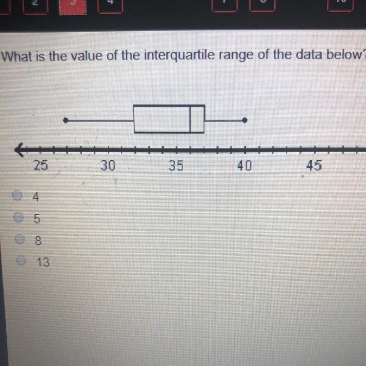 What is the value of the interquartile range of the dea below? 4 5 8 13-example-1