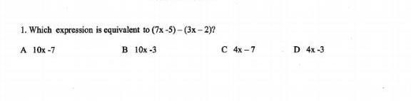 Which expression is equivalent to (7×-5) - (3x-2)​-example-1