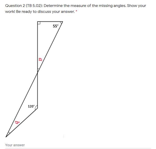 Determine the measure of the missing angles. Show your work! Be ready to discuss your-example-1