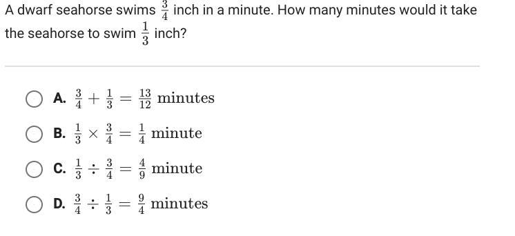 A dwarf seahorse swims 3/4 inch in a minute. How many minutes would it take the seahorse-example-1