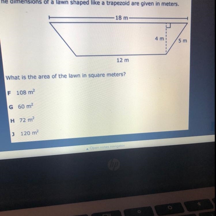 What is the area of the lawn in square meters? F 108 m2 G 60 m2 H 72 m2 J 120 m2-example-1