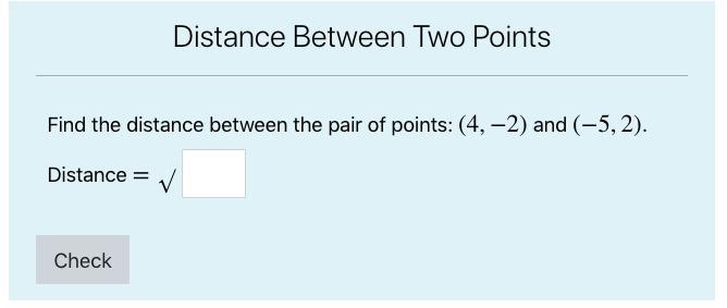 Find the distance between the pair of points (4,-2) and (-5,2).-example-1