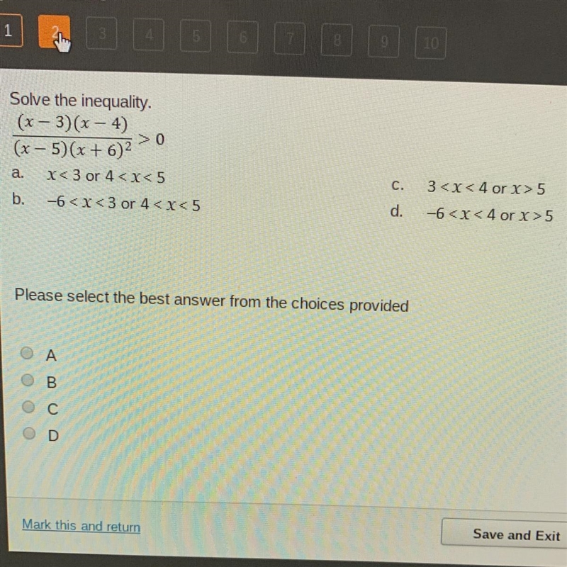 Solve the inequality. (x-3)(x-4)/(x-5)(x+6)^2>0-example-1