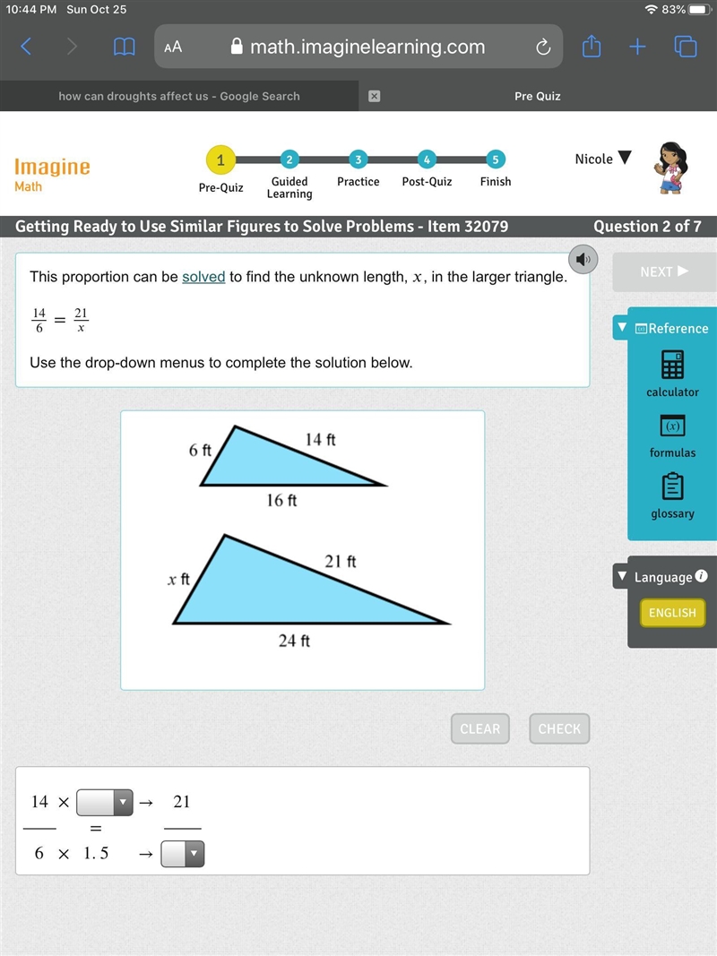 This proportion can be solved to find the unknown length , x, in the larger triangle-example-1