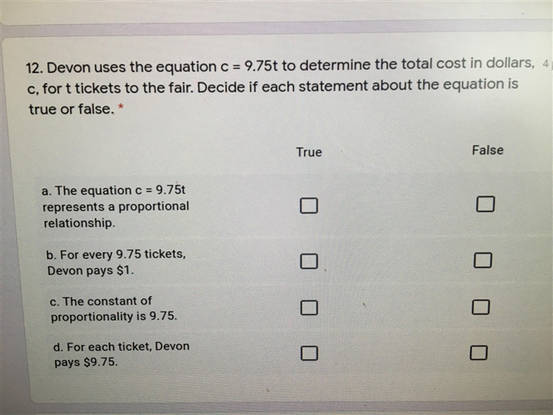 Devon uses the equation c = 9.75 to determine the total cost in dollars, c for t tickets-example-1