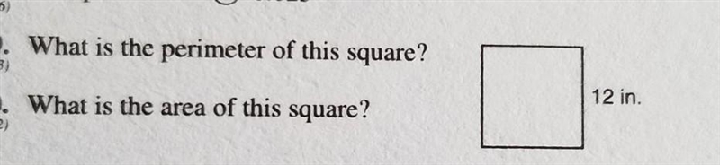 . What is the perimeter of this square? 12 in. . What is the area of this square?​-example-1