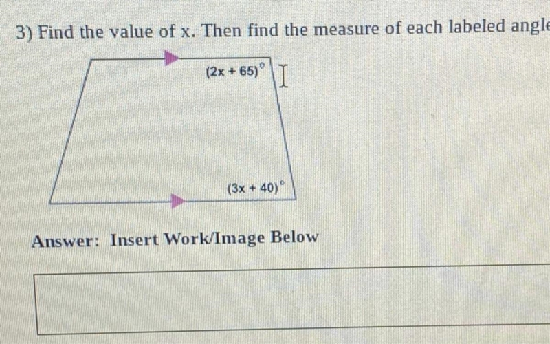 Find the value of X. Then find the measure of each labeled angle.-example-1