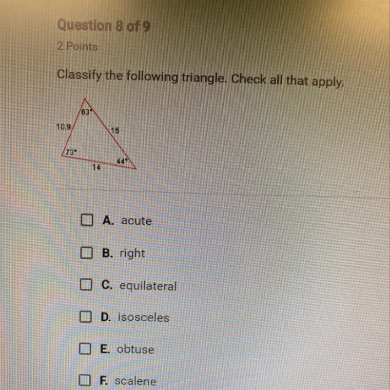 Classify the following triangle. Check all that apply.-example-1