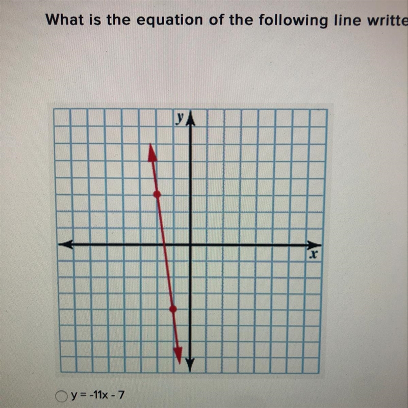 What is the equation of the following line written in slope intercept form? a. y= -11x-example-1