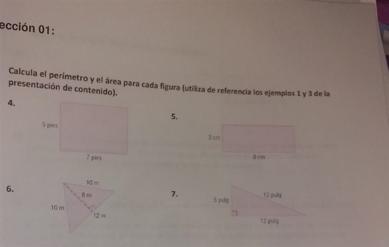 Calculate the primeter and area for each figure number four says ft in Spanish and-example-1