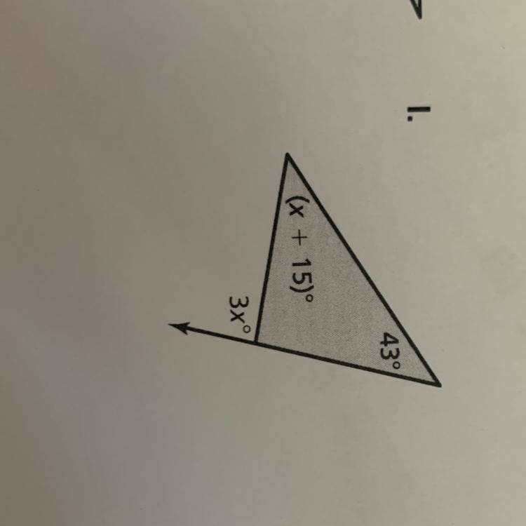 Exterior angle equation: 3x= (x + 15) + 43-example-1