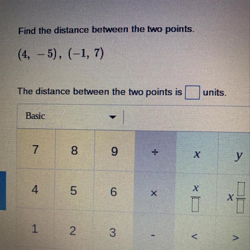 Find the distance between the two points. (4, -5) (-1,7). Anybody know the answer-example-1