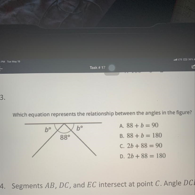 Which equation represents the relationship between the angles in the figure? A. 88+b-example-1