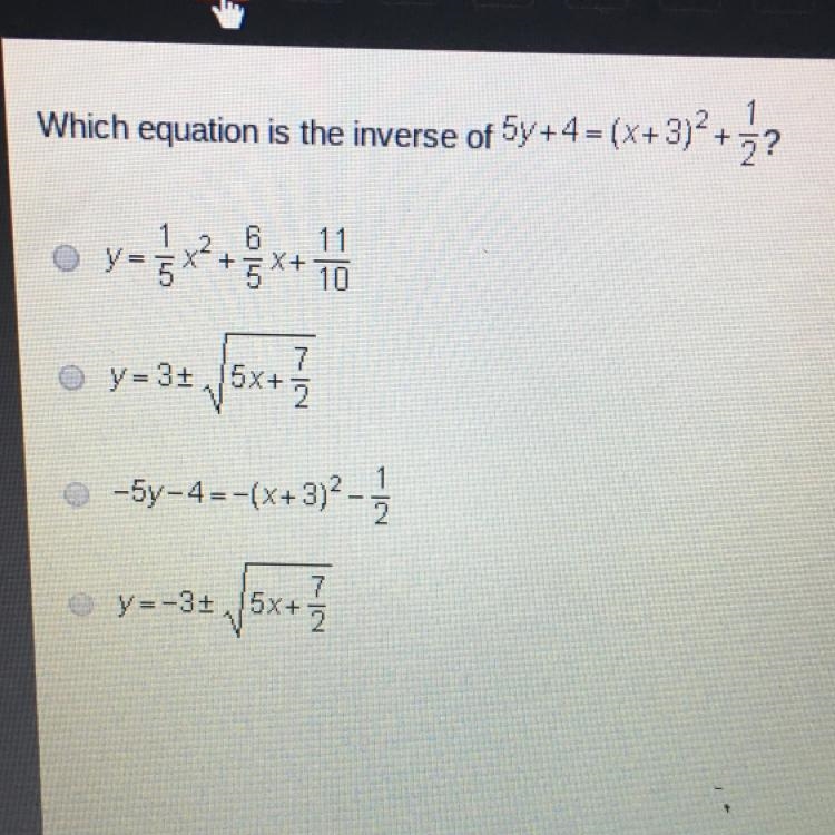 Which equation is the inverse of 5y+4 = (x+3)^2 +1/2?-example-1