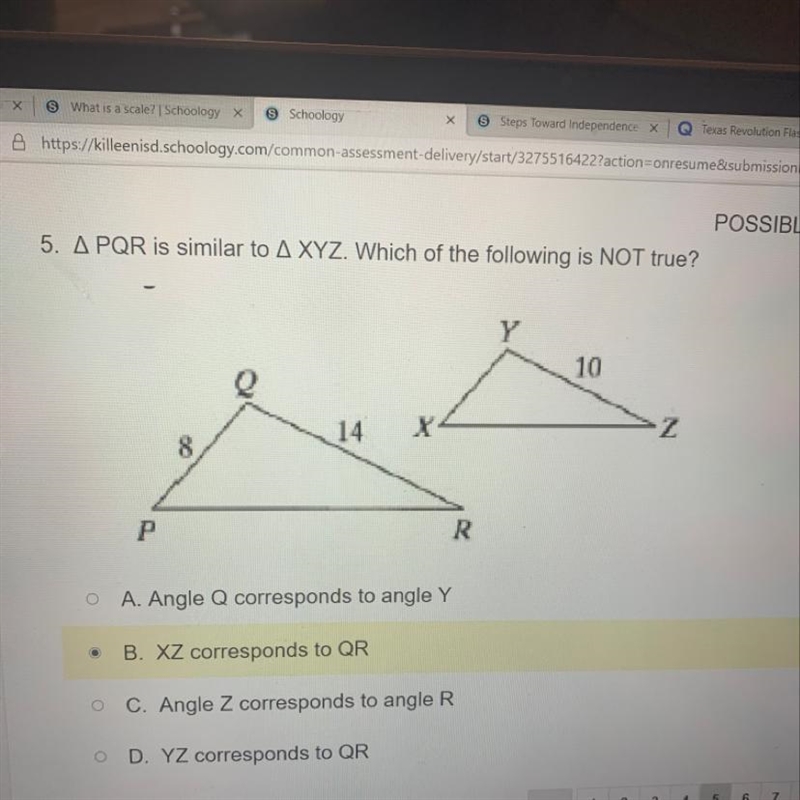 A. Angle Q corresponds to angle Y B. XZ corresponds to QR C. Angle Z corresponds to-example-1