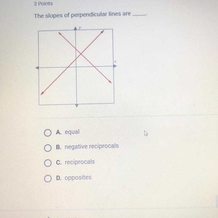 The slopes of perpendicular lines are A. equal B. negative reciprocals C. reciprocals-example-1