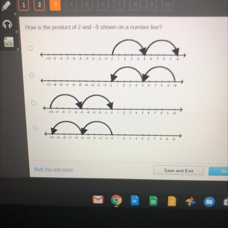 How is the product of 2 and -5 shown on a number line? I NEED THIS NOW!-example-1