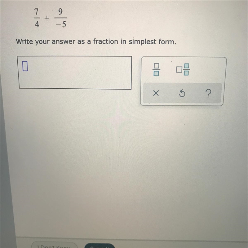 Add. 7/4+9/-5 wrote your answer as a fraction in simplest form-example-1