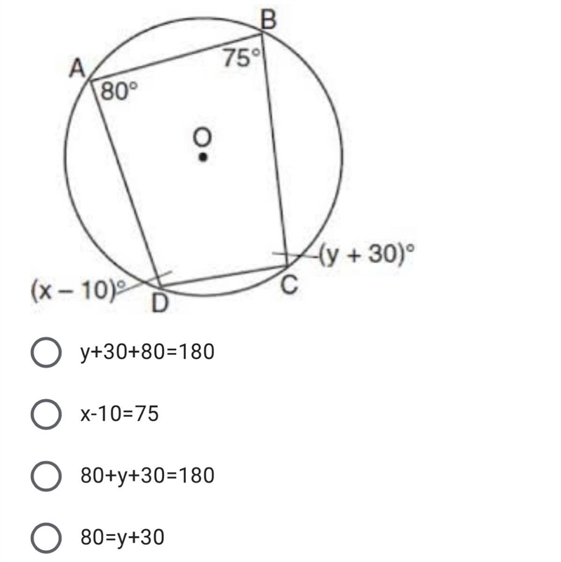 Which equation would help determine the measure of angle D? A. y+30+80=180 B. x-10=75 C-example-1