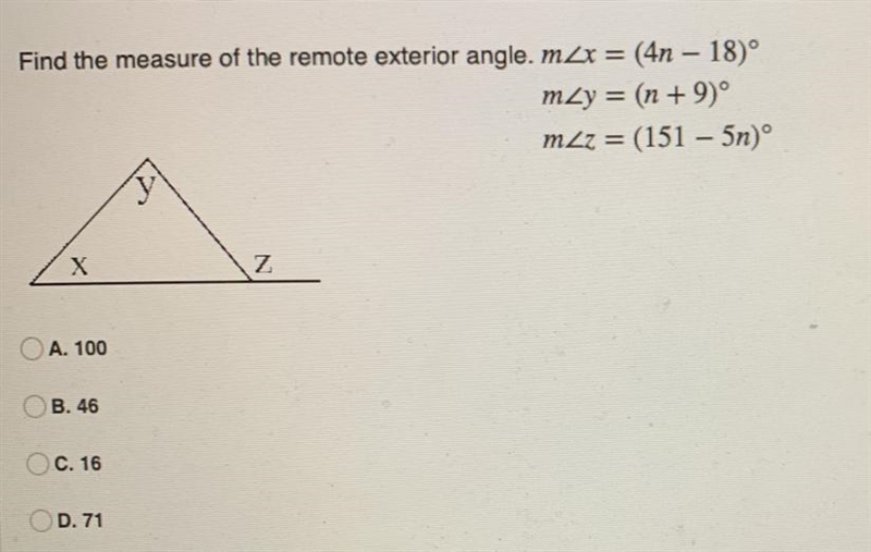 Find the measure of the remote exterior angle. m m m-example-1