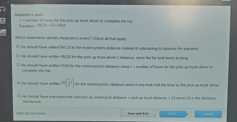 Alejandro wrote an equation to fit the following scenario. A person driving a pick-example-1