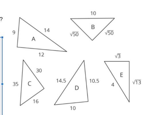 Which of these triangles are definitely right triangles? Explain how you know.-example-1