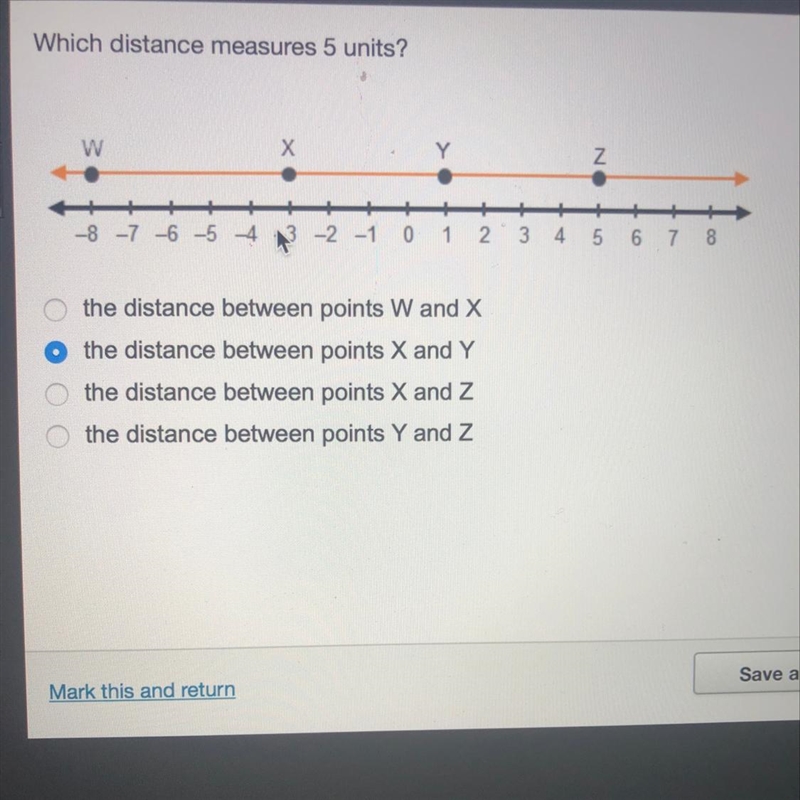 Which distance measures 5 units? -the distance between points Wand X -the distance-example-1