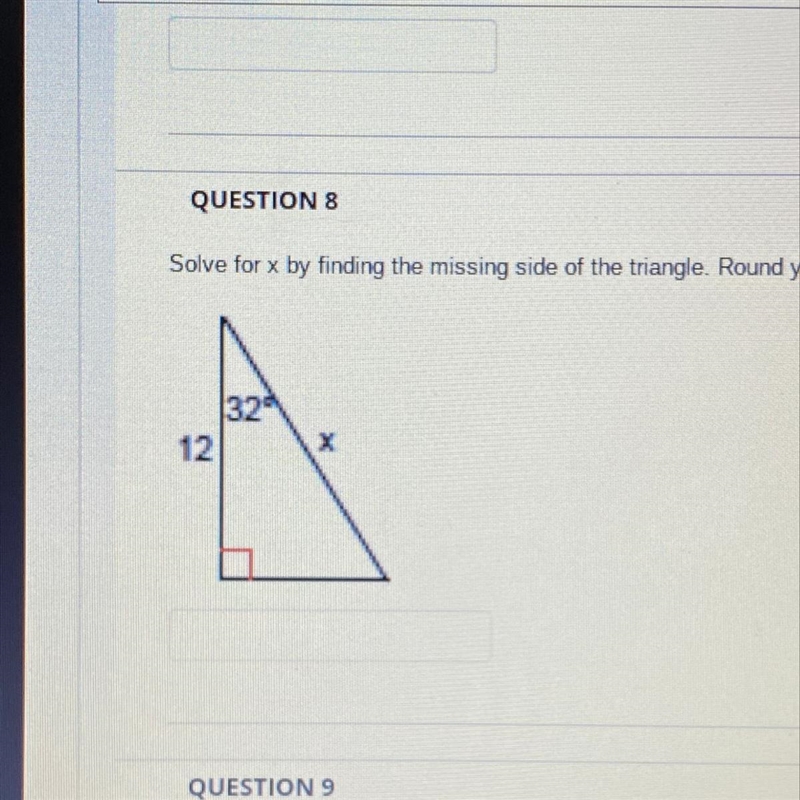 Solve for x by finding the missing side of the triangle. Round your answer to the-example-1