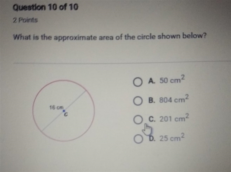 What is the approximate area of the circle show below​-example-1