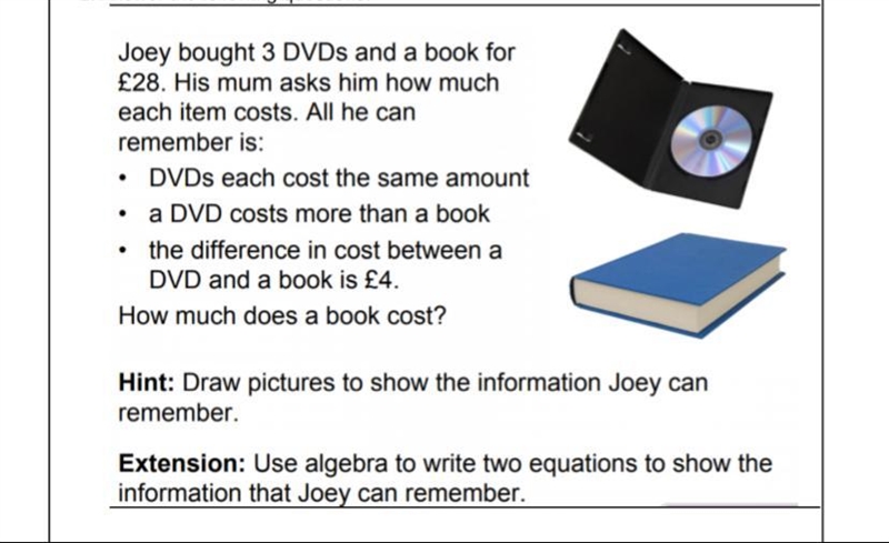 How much does the book cost? Use algebra to write two equations to show the info Joey-example-1