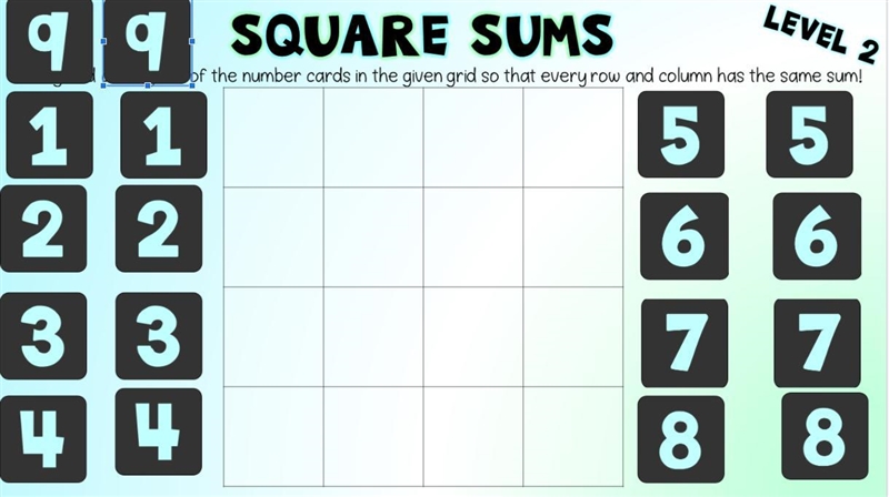 I need help arranging cards in a 4 x 4 grid with numbers 1-9 so that the sum of each-example-1