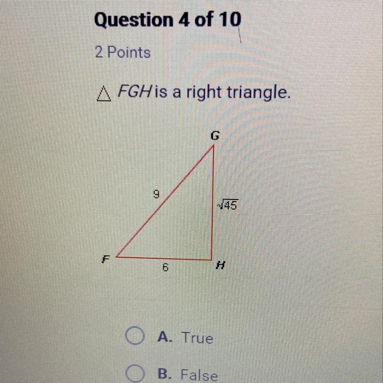 Triangle fgh is a right triangle? true or false-example-1