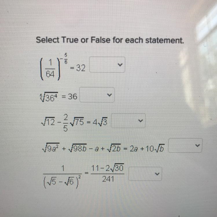 Select true or false for each statement-example-1