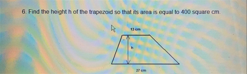 Find the height "h" so that its area is equal to 400 square cm.-example-1