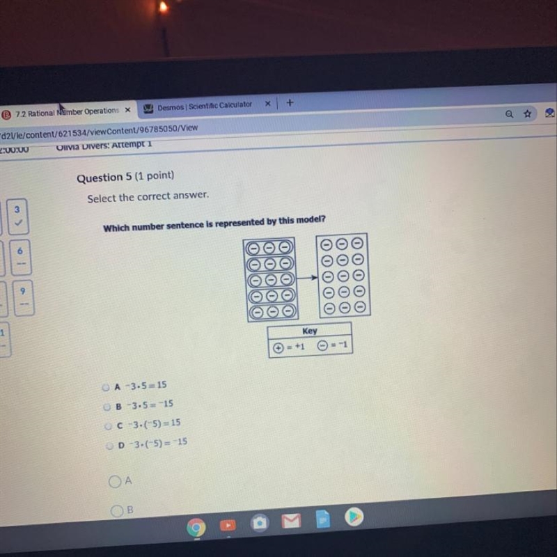 A -3.5=15 B -3.5= -15 Ꮯ c -3• (5) =15 [ Ꭰ -3(-5) = 15-example-1