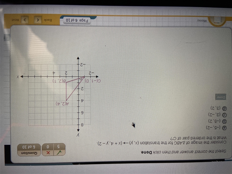 consider the image of triangle ABC for the translation (x,y) to (x+4,y-2) what is-example-1