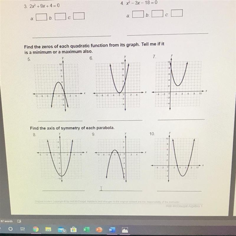 Find the zeros of each quadratic function from its graph. Tell me if it is a minimum-example-1