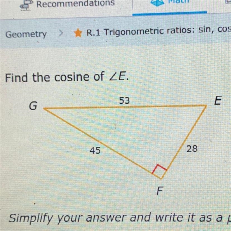 Find the cosine of angle E-example-1