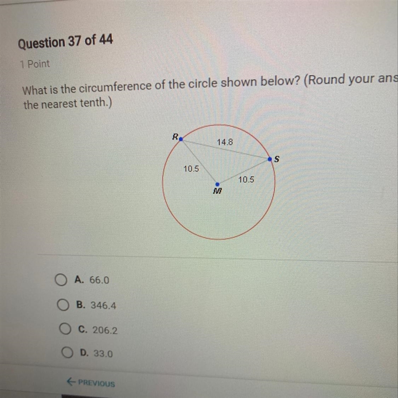 What is the circumference of the circle shown below? (Round your answer to the nearest-example-1