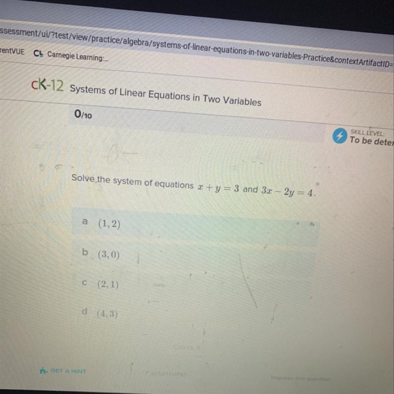 Solve the system of equations x+y=3 and 3x-2y=4-example-1