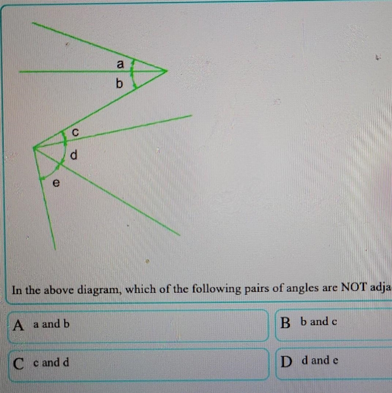 In the above diagram, which of the following pairs of angles are NOT adjacent? ​-example-1