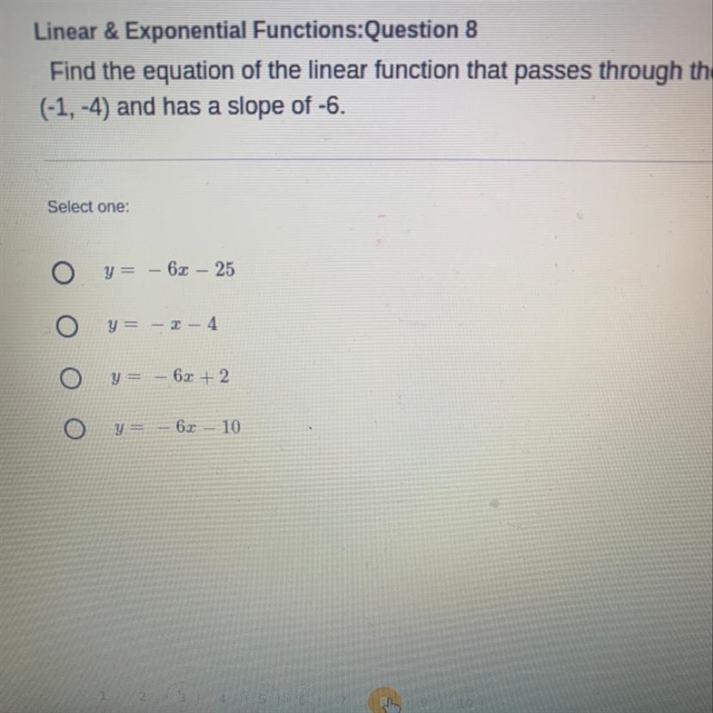 Please hurry Find the equation of the linear function that passes through the point-example-1