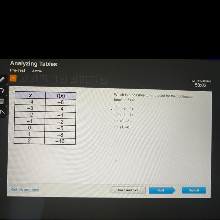 Which is a possible turning point for the continuous function f(x)? HELP ASAP-example-1