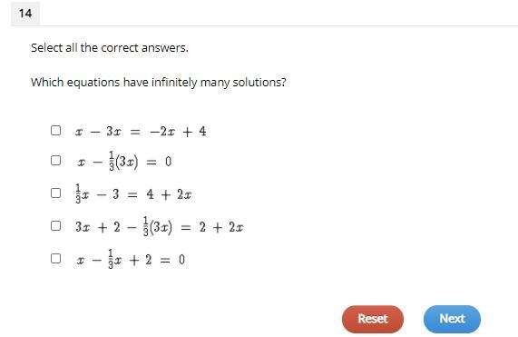 Select all the correct answers. Which equations have infinitely many solutions?-example-1