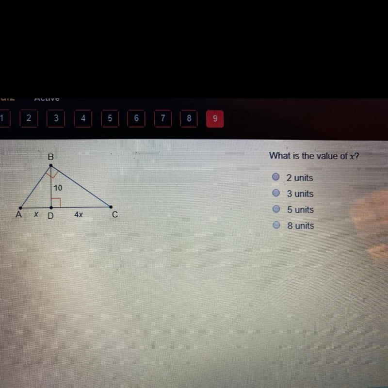 What is the value of x? 2 units 3 units 5 units 8 units-example-1