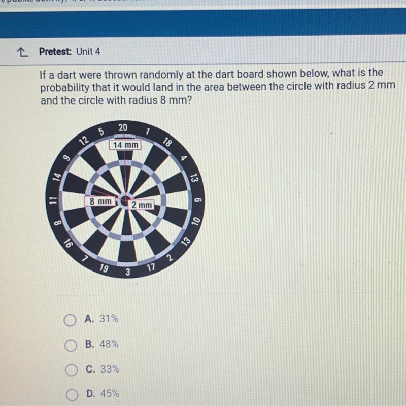 If a dart were thrown randomly at the dart board shown below, what is the probability-example-1