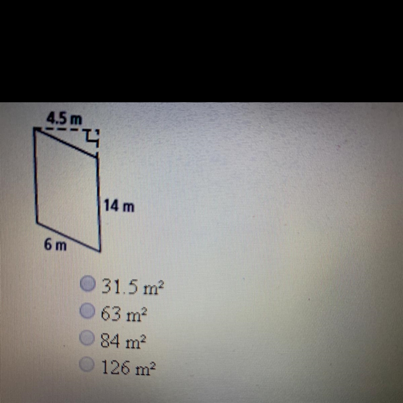 2. What is the area of the figure below? (2 point) A) 31.5 m sqrt(2) B) 63 m sqrt-example-1